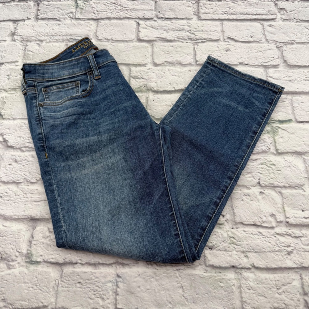 American Eagle Mens Slim Straight Jeans 28x28 Blue Distressed Extreme Flex
